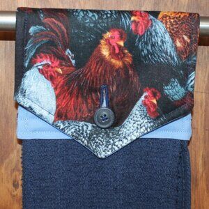 CHICKEN ROOSTER NAVY BLUE HANDMADE HANGING KITCHEN HAND TOWEL BLUE COTTON TOWEL